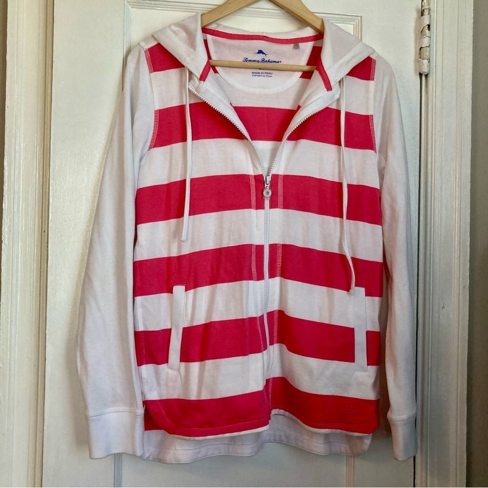 NWOT Tommy Bahama Pink and White Striped Hoodie Zip 100% Pima Cotton Size Small